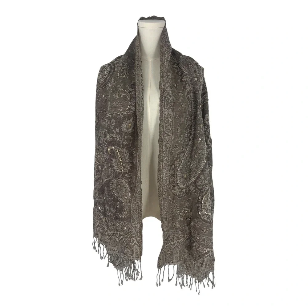 Gerard Darel Gabriella Paisley Wool Sequin Scarf Beige Taupe NWT
